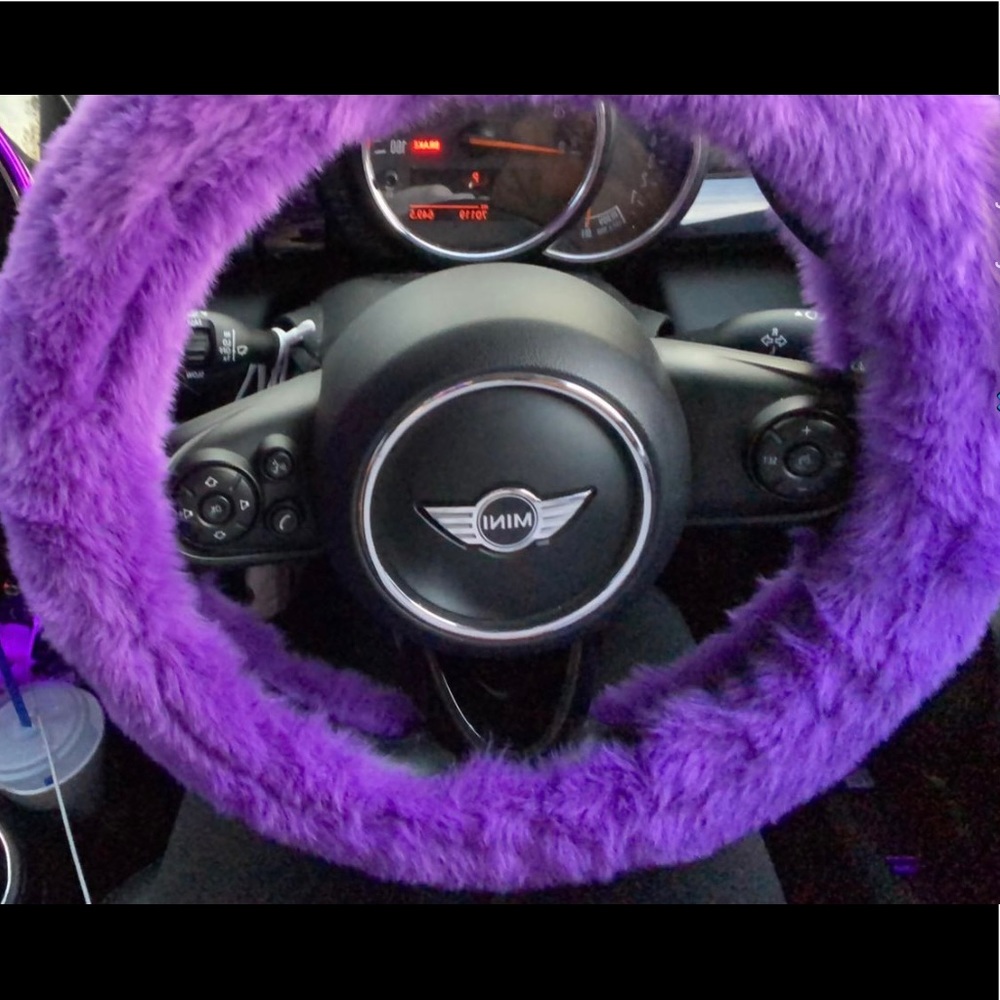 purple fluffy steering wheel cover